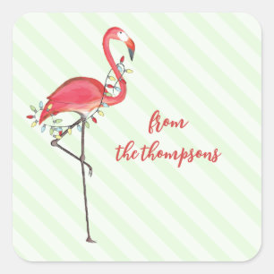 Christmas Festive Cute Flamingo String Lights  Cla Square Sticker