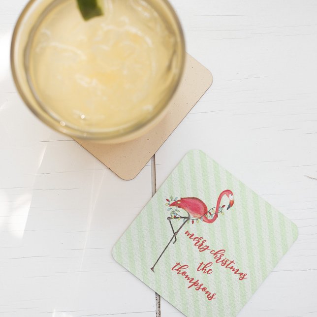 Christmas Festive Cute Flamingo String Lights  Square Paper Coaster (Pink flamingo Christmas holiday string light paper coaster)