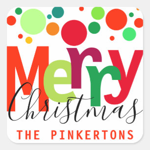Christmas Festive Dots Modern Script Family Name Square Sticker