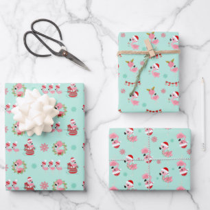 Christmas Festive Flamingo Pattern on Green Wrapping Paper Sheet