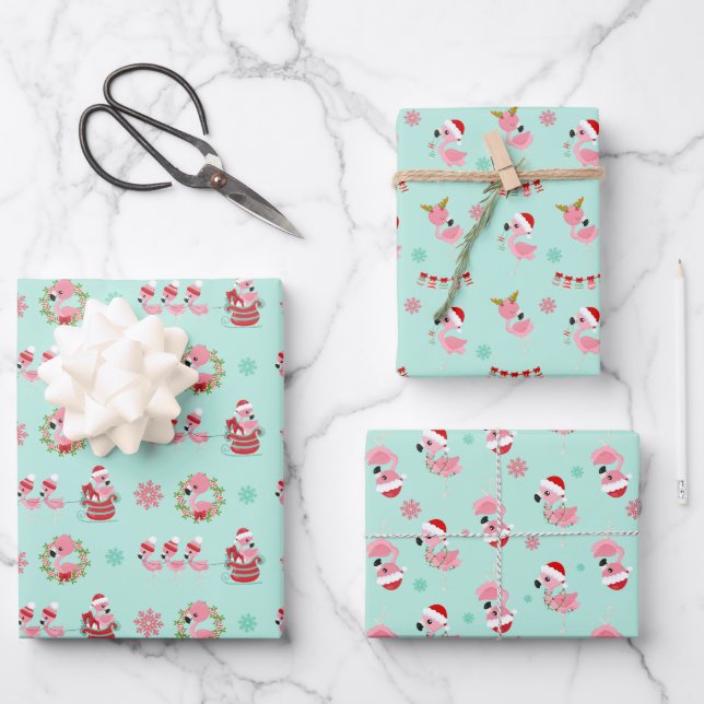 Christmas Festive Flamingo Pattern on Green Wrapping Paper Sheet (Front)