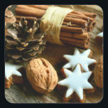 Christmas Festive Food. Cinnamon, Nuts and Stars Square Sticker<br><div class="desc">Christmas festive food with cinnamon,  nuts,  stars and pine cones.  www.frontiernow.com</div>