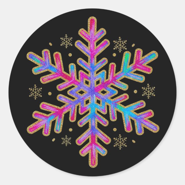 Christmas Festive Glitter Colourful Snowflake Classic Round Sticker (Front)