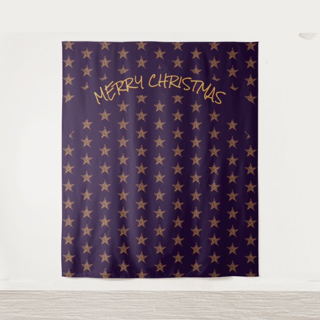 Christmas | Festive | Gold Stars | Purple Backdrop Tapestry (Front)