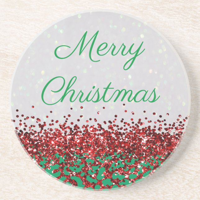Christmas Festive Holiday Custom Leopard Glitter Coaster (Front)