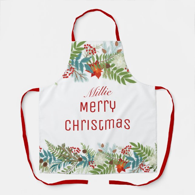 Christmas Festive Holiday Floral Personalised Apron (Front)