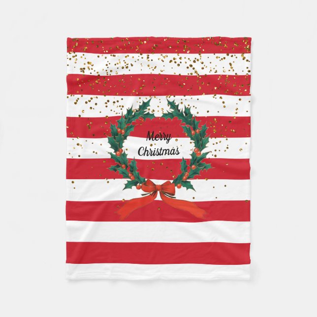 Christmas Festive Holly Berries Wreath Stripes  Fleece Blanket (Front)