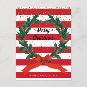 Christmas Festive Holly Berries Wreath Stripes Holiday Postcard