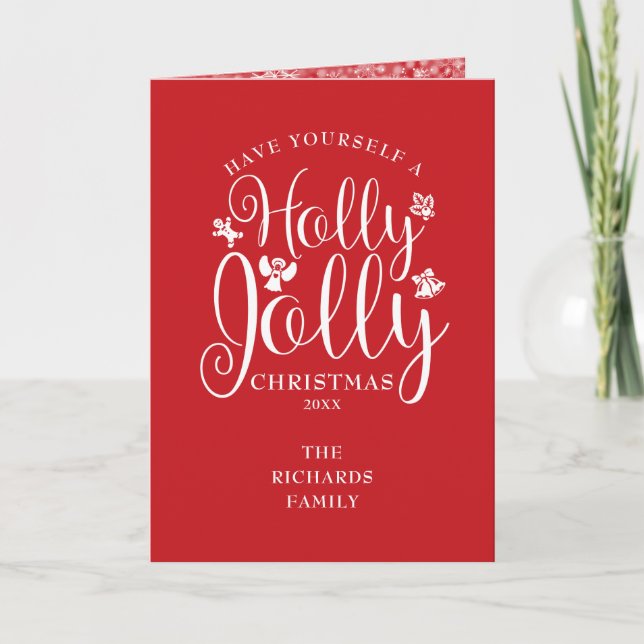 Christmas Festive Holly Jolly Script Snowflakes Holiday Card (Front)