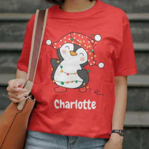Christmas Festive Penguin Red Custom Girls Name  T-Shirt