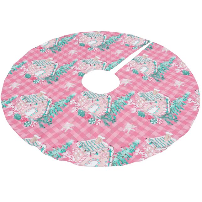 Christmas Festive Pink Cookie Gingerbread House Brushed Polyester Tree Skirt (Angled)