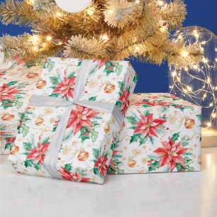 Christmas Festive Poinsettia Flowers Wrapping Paper