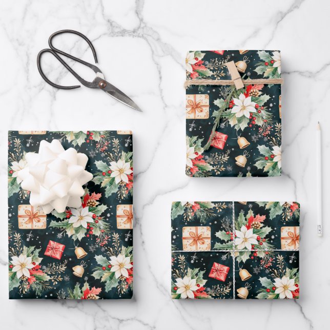 Christmas Festive Poinsettia Flowers Wrapping Paper Sheet (Front)