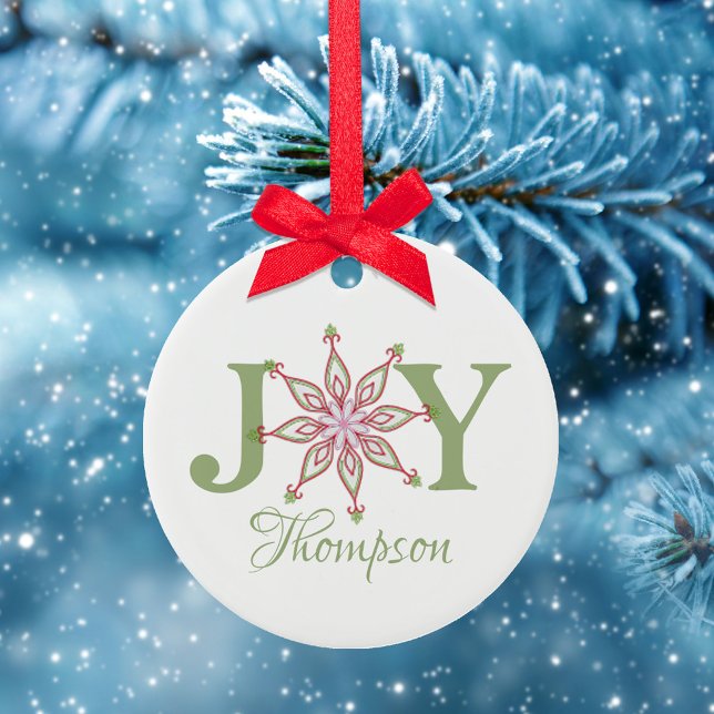 Christmas Festive Red Green Joy Typography Ceramic Ornament (Christmas holiday Joy typography with a colorful pink, red, and green whimsical snowflake. )