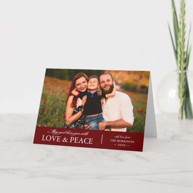 Christmas Festive Red Love and Peace Photo Holiday Card (Front)