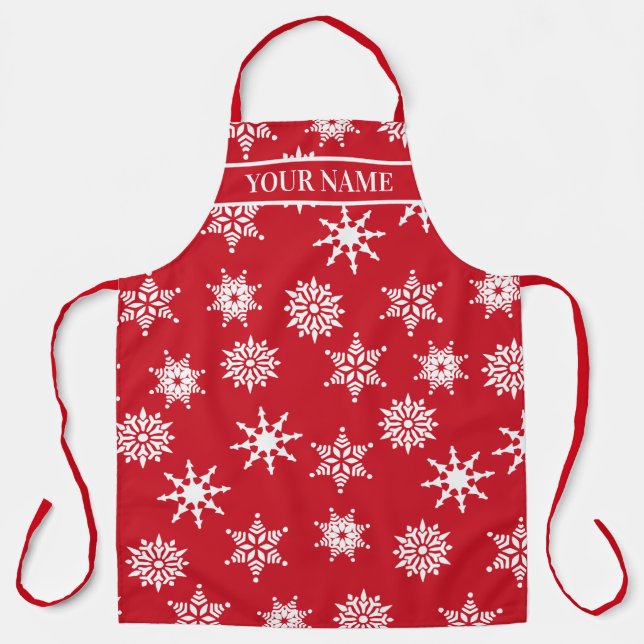Christmas Festive Red & White Snowflakes Stars Apron (Front)