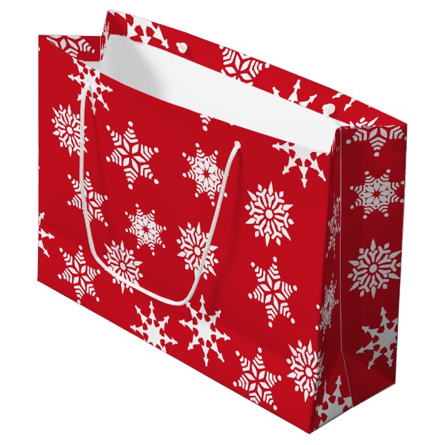 Christmas Festive Red & White Snowflakes Stars  Large Gift Bag (Front Angled)