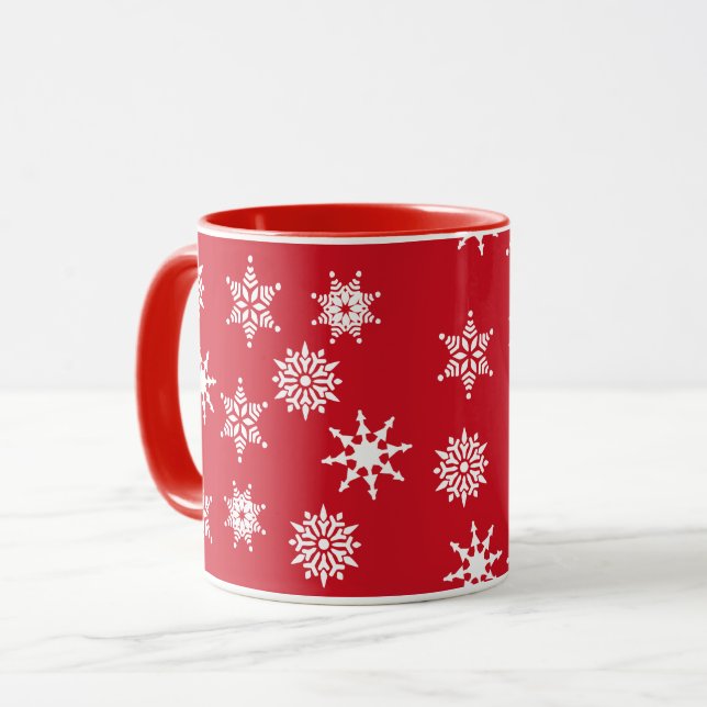 Christmas Festive Red & White Snowflakes Stars  Mug (Front Left)