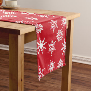 Christmas Festive Red & White Snowflakes Stars Short Table Runner
