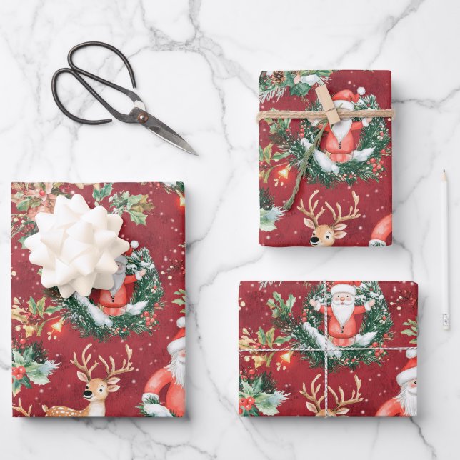 Christmas Festive Santa Claus and Reindeer Wrapping Paper Sheet (Front)