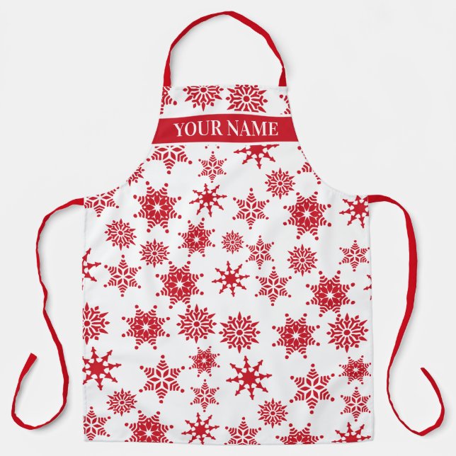 Christmas Festive White & Red Snowflakes Stars  Apron (Front)