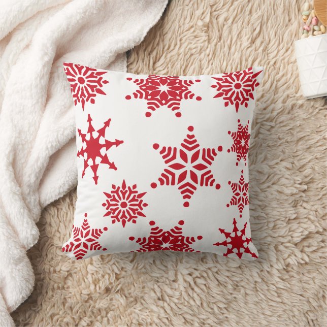 Christmas Festive White Red Snowflakes Stars Cushion (Blanket)