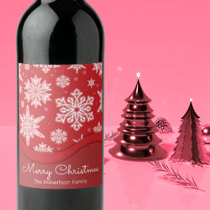Christmas Festive White Winter Snowflakes On A Red Wine Label