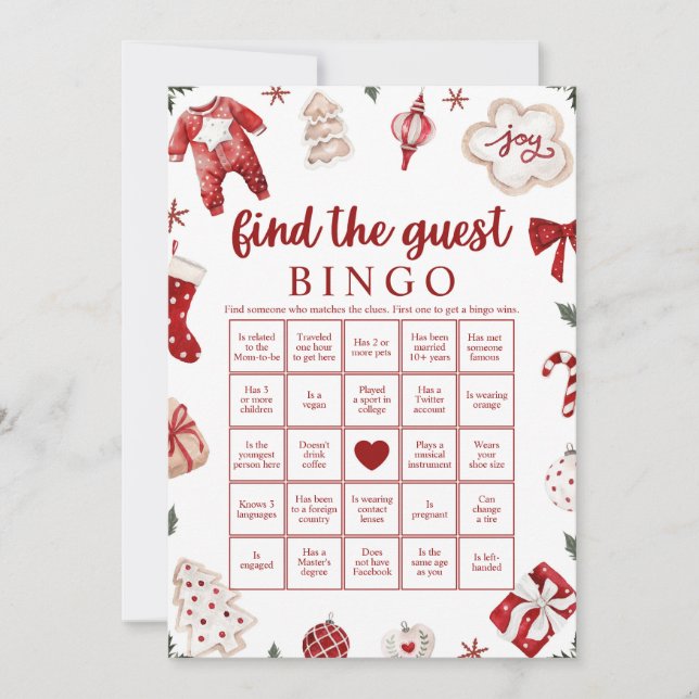 Christmas Find the Guest Baby Shower Bingo Game Invitation (Front)