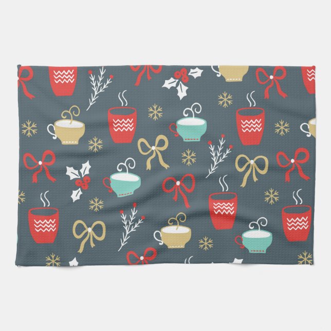 Christmas Fir Branch And Cups Tea Towel (Horizontal)