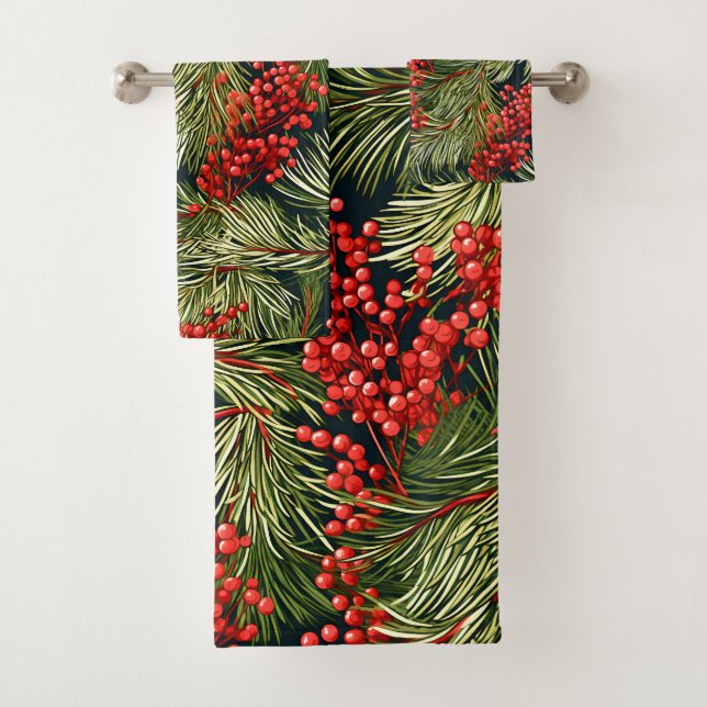 Christmas Fir Branches and Berries Bath Towel Set (Insitu)