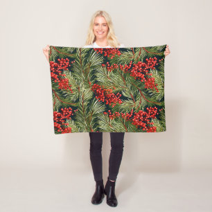 Christmas Fir Branches and Berries Fleece Blanket