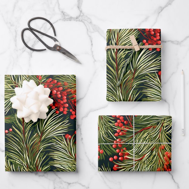 Christmas Fir Branches and Berries Wrapping Paper Sheet (Front)