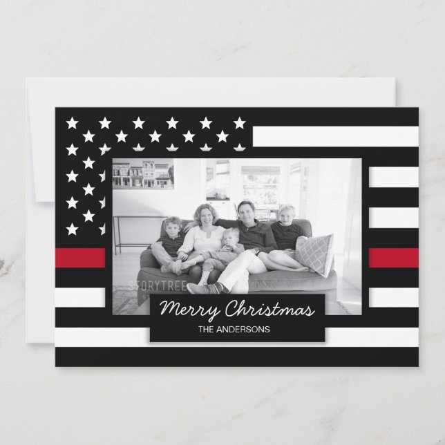 Christmas Firefighter Thin Red Line Flag Photo Holiday Card (Front)