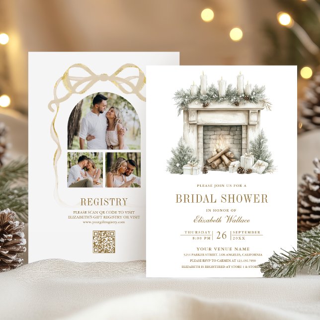 Christmas Fireplace Bow QR Code Bridal Shower Invitation (Creator Uploaded)