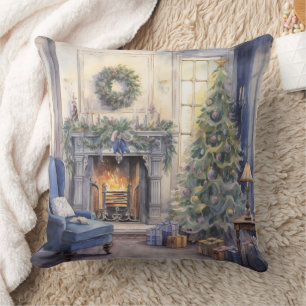 Christmas Fireplace Living Room Tree Blue Cushion