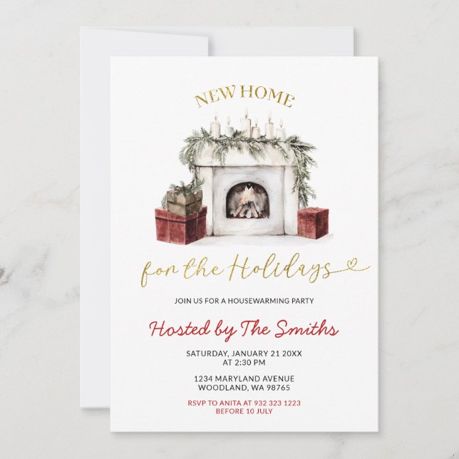 Christmas Fireplace New Home For The Holidays Invitation (Front)