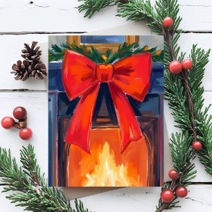 Christmas Fireplace Red Bow Merry Watercolor Holiday Postcard