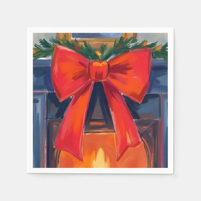 Christmas Fireplace | Red Bow Merry Watercolor  Napkin (Front)