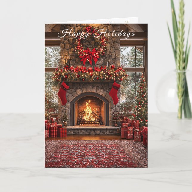 Christmas Fireplace Red Stockings Lights Card (Front)
