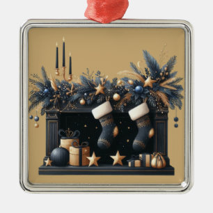 CHRISTMAS FIREPLACE SCENE WITH CANDLES & STOCKINGS METAL ORNAMENT
