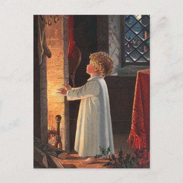 Christmas Fireplace, Stockings and a Child Holiday Postcard (Front)