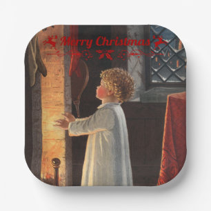 Christmas fireplace, stockings and a child  paper plate