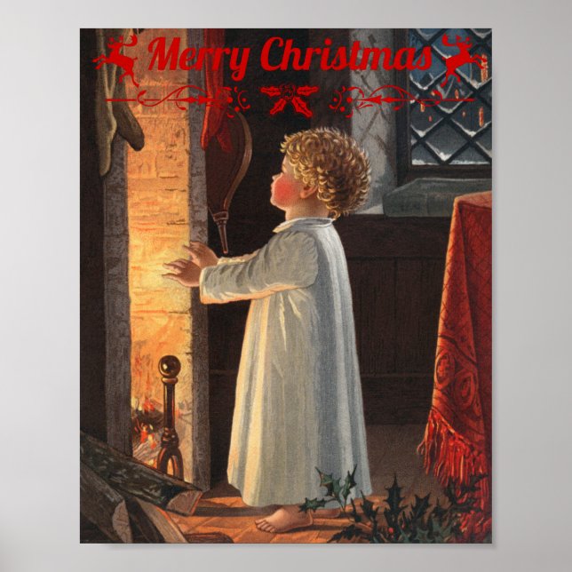 Christmas fireplace, stockings and a child  poster (Front)