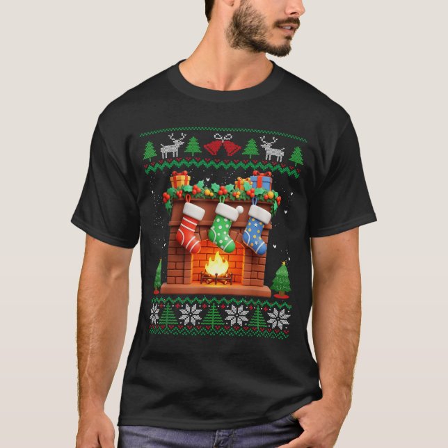 Christmas Fireplace Stockings Funny Ugly Christmas T-Shirt (Front)