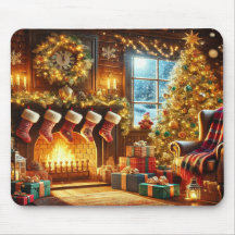 Christmas fireplace & tree in a winter wonderland