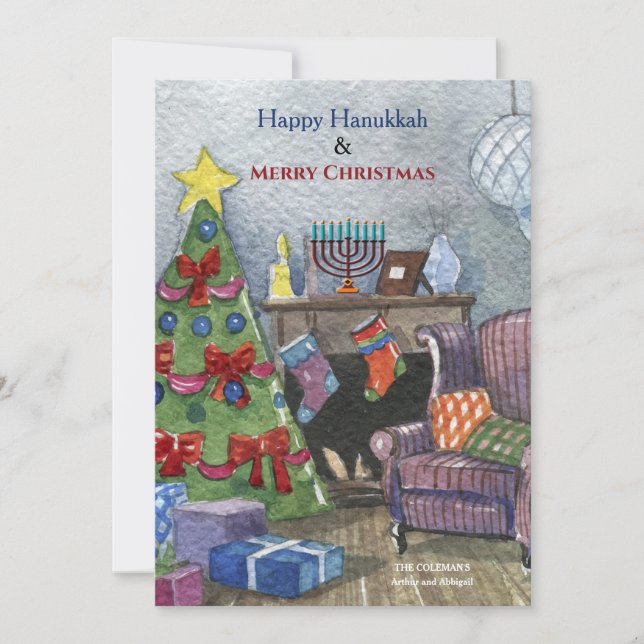 Christmas Fireplace with Menorah Holiday Card (Front)