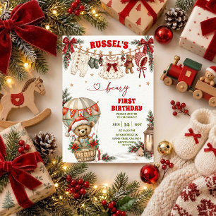 Christmas First Birthday Invitation Teddy Bear O