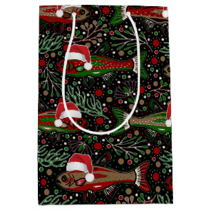 Christmas Fish in Santa Hats Red and Green Trout Medium Gift Bag