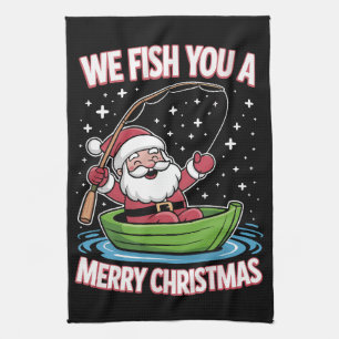 Christmas Fisherman Fishing Funny Cool Santa Claus Tea Towel