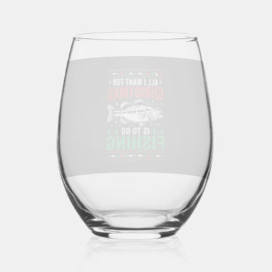 Christmas Fishing Bass Ugly Sweater Stemless Wine Glass